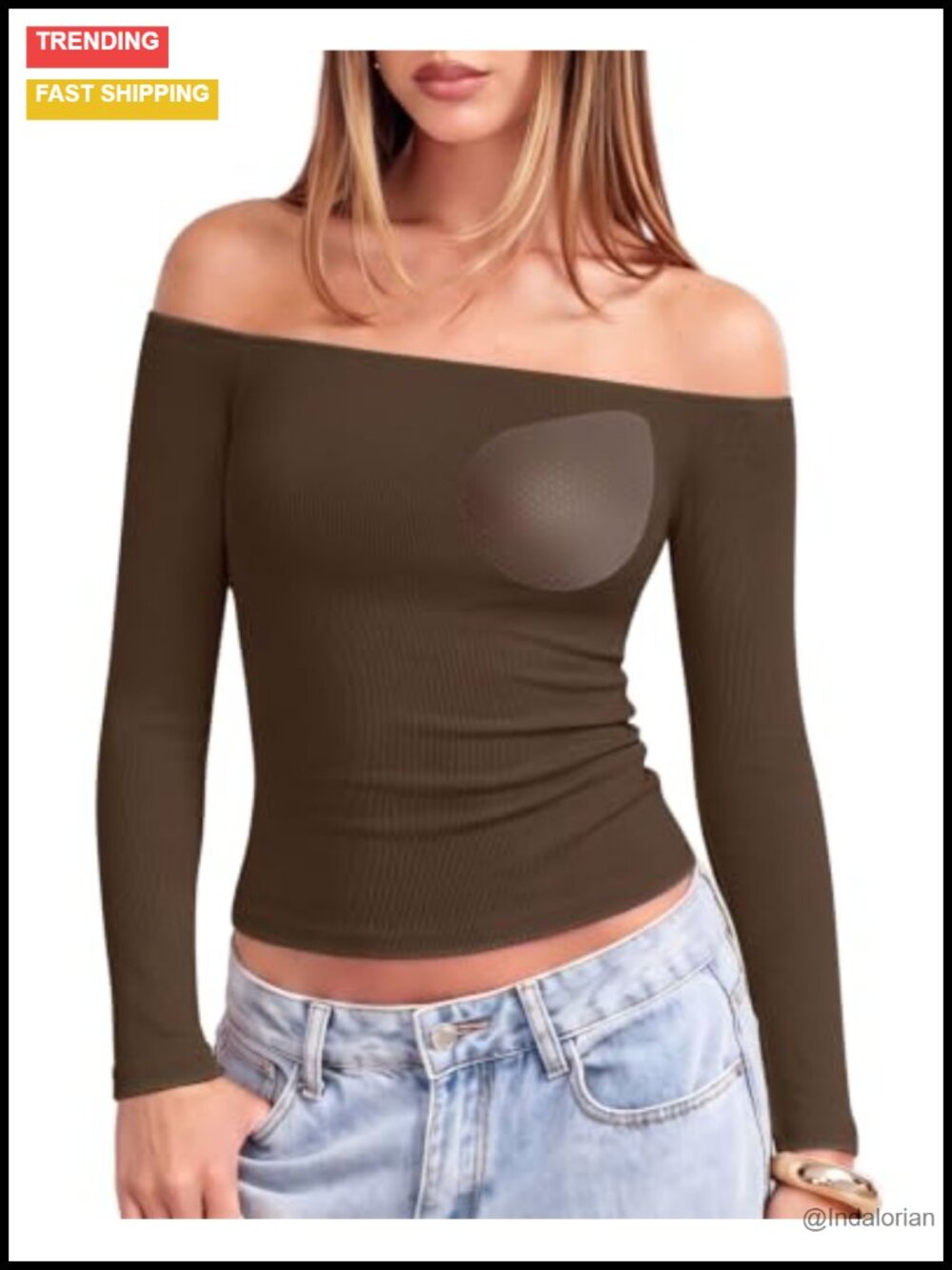 Ribbed Cotton Off Shoulder Long Sleeve Top Built in Bra Padded Slim Fit